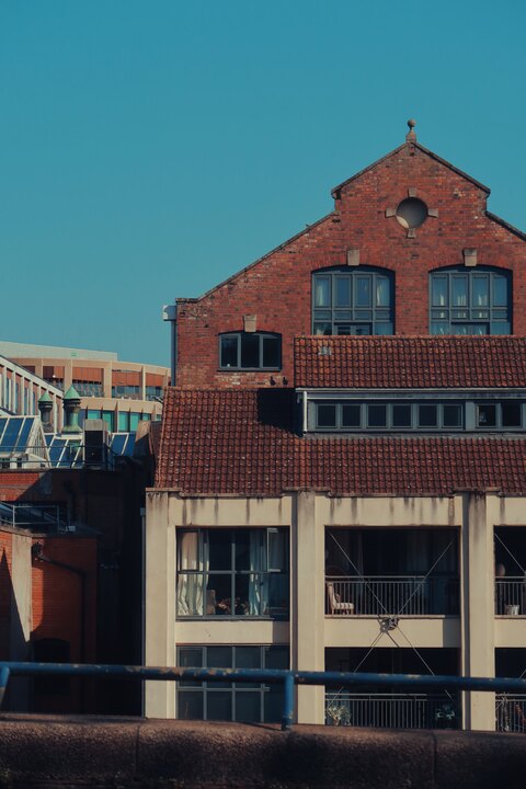 Two birds perched on the terracotta tiled roof of a red-brick building in Bristol, framed against a clear blue evening sky.